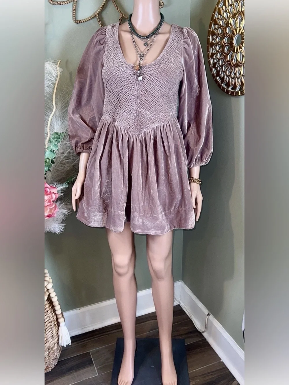 NWT Free People Farrier Velvet Smocked Mini Dress Pink/Mauve XS